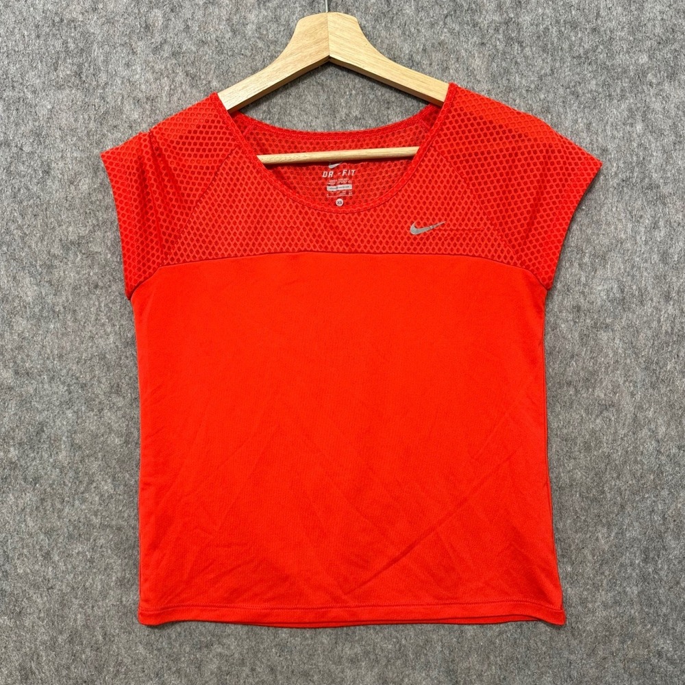 Nike Dri-FIT Womens XS Orange Mesh‎ Panel Cap Sleeve Running Training T-Shirt